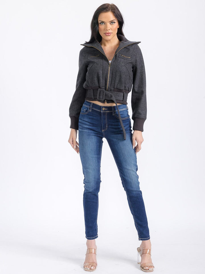 WOMEN'S LONG SLEEVE ZIPPER CLOSURE POCKETS BELTED JACKET