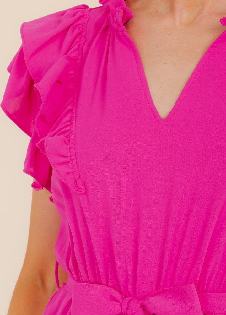 WOMEN'S SHORT RUFFLE SLEEVE V-NECK FRONT POCKETS WIDE LEG JUMPSUIT