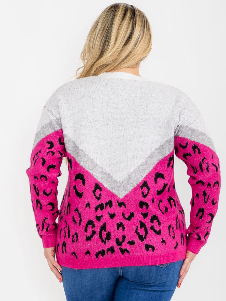 PLUS SIZE LONG SLEEVE COLORBLOCK ANIMAL PRINT PULLOVER SWEATER
