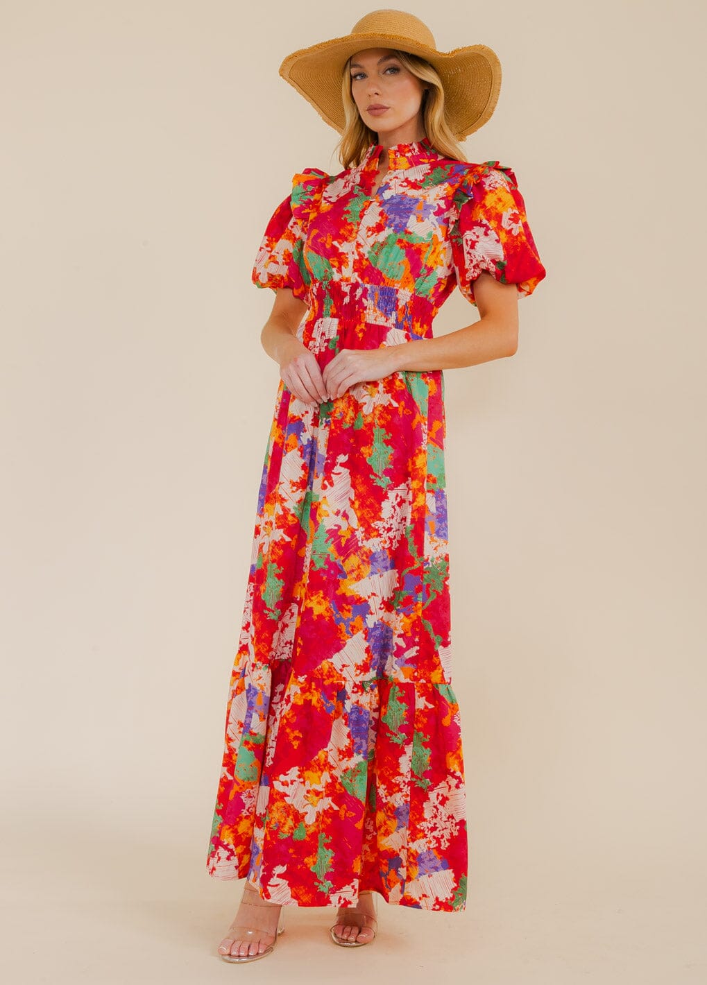 WOMEN'S SHORT SLEEVE MOCK NECK TIERED COLORBLOCK MAXI DRESS