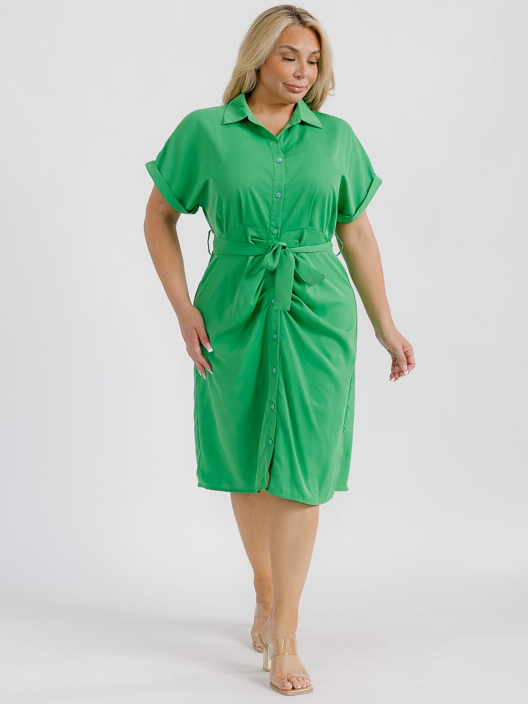 PLUS SIZE SHORT SLEEVE BUTTON UP SELF TIE MIDI DRESS