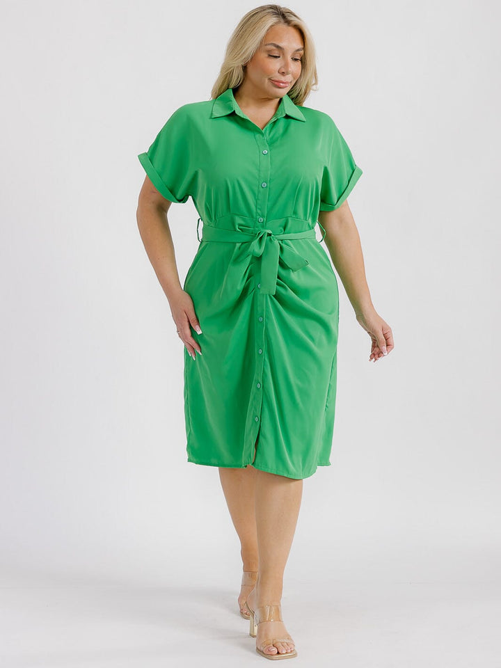 PLUS SIZE SHORT SLEEVE BUTTON UP SELF TIE MIDI DRESS