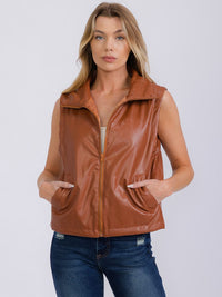 WOMEN'S SLEEVELESS ZIP UP FRONT POCKETS PU PLEATHER VEST