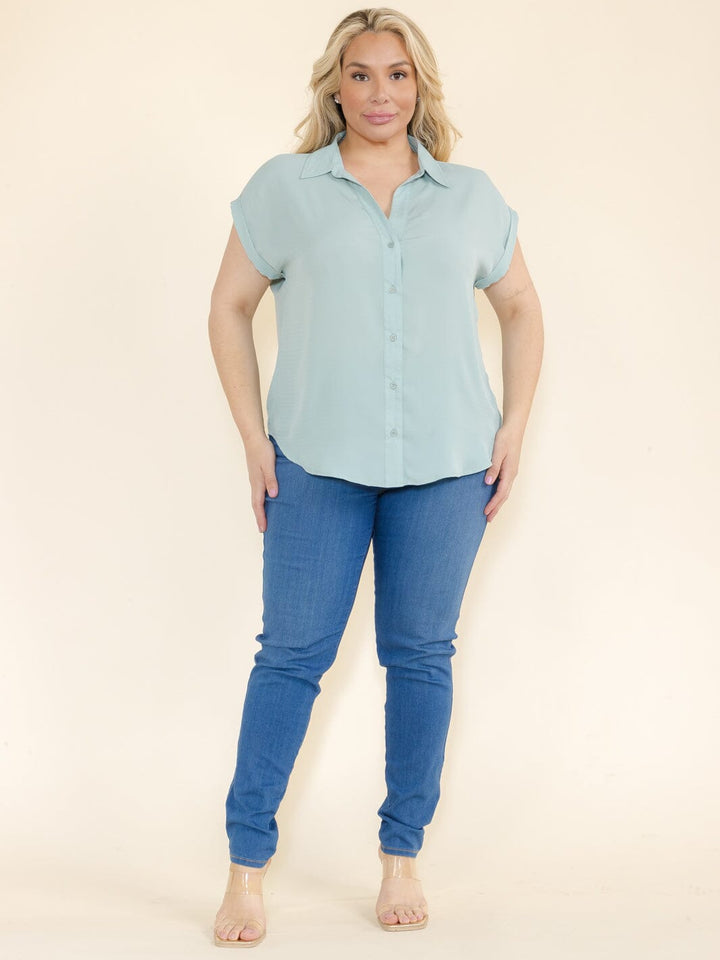 PLUS SIZE SHORT SLEEVE V-NECK BUTTON CLOSURE BLOUSE