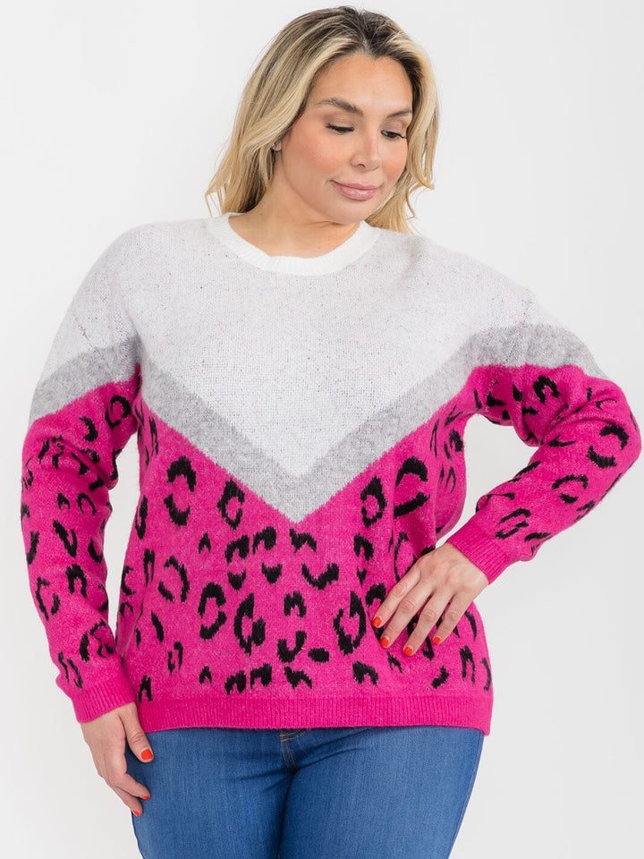 PLUS SIZE LONG SLEEVE COLORBLOCK ANIMAL PRINT PULLOVER SWEATER
