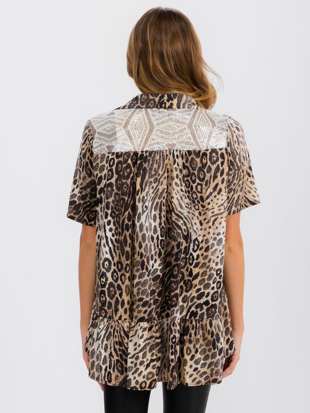 WOMEN'S SHORT SLEEVE BUTTON UP TUNIC ANIMAL PRINT TOP