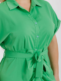 PLUS SIZE SHORT SLEEVE BUTTON UP SELF TIE MIDI DRESS