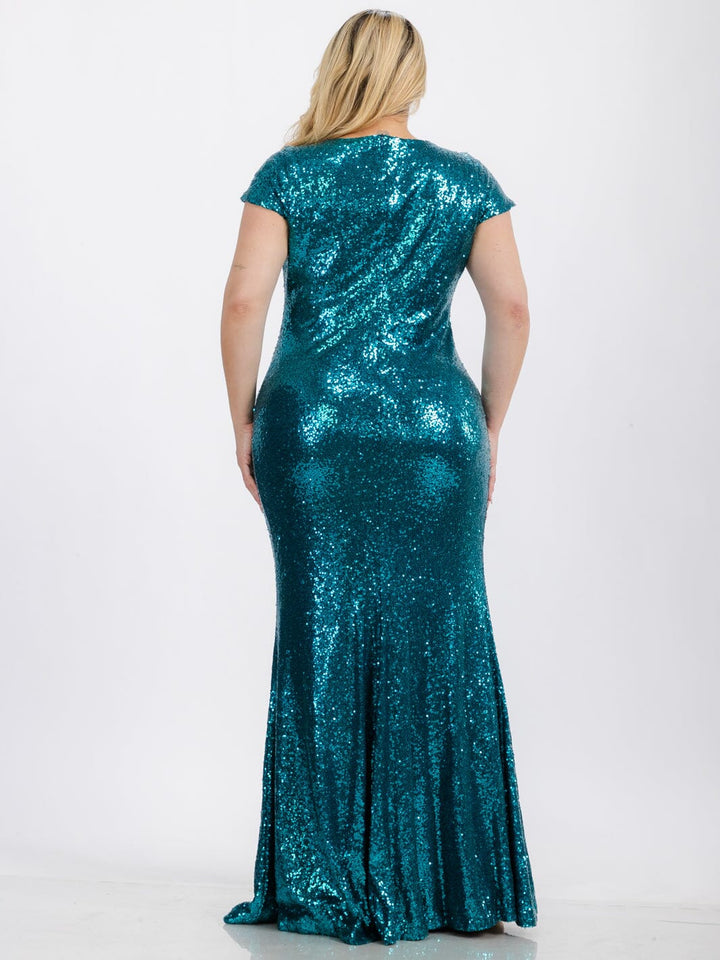 PLUS SIZE SHORT SLEEVE BODYCON SEQUINS MAXI GOWN DRESS