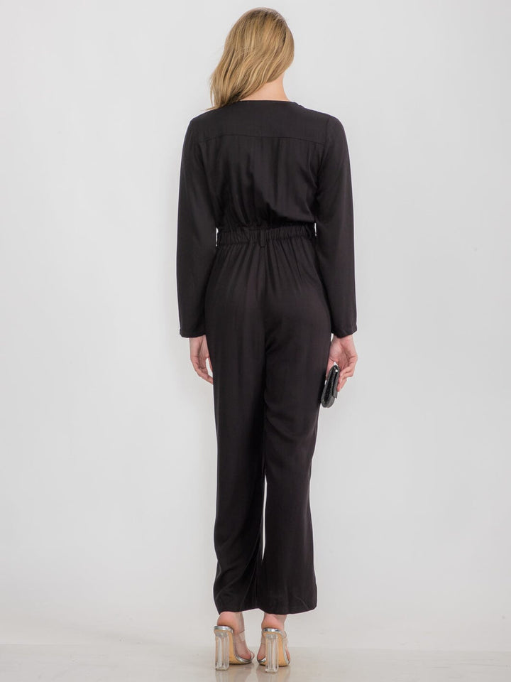 WOMEN'S LONG SLEEVE FRONT POCKETS V-NECK WIDE LEG JUMPSUIT