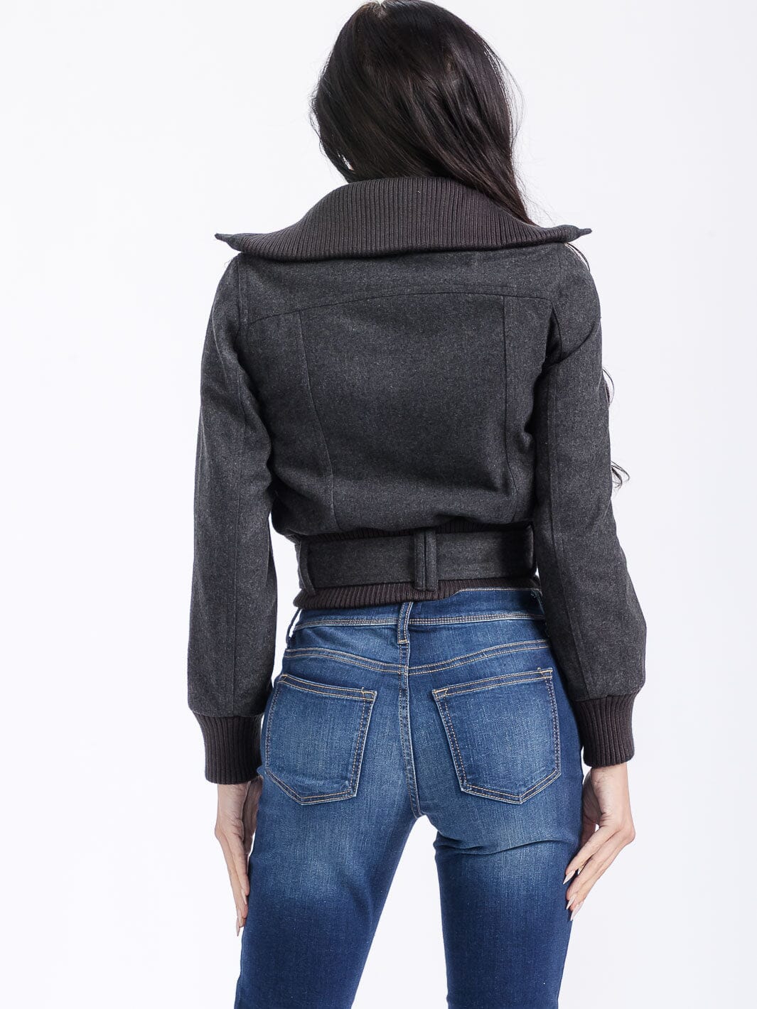 WOMEN'S LONG SLEEVE ZIPPER CLOSURE POCKETS BELTED JACKET