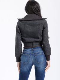 WOMEN'S LONG SLEEVE ZIPPER CLOSURE POCKETS BELTED JACKET