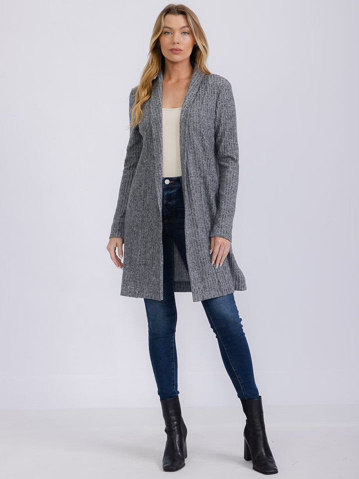 WOMEN'S LONG SLEEVE FRONT POCKETS OPEN FRONT RIBBED CARDIGAN