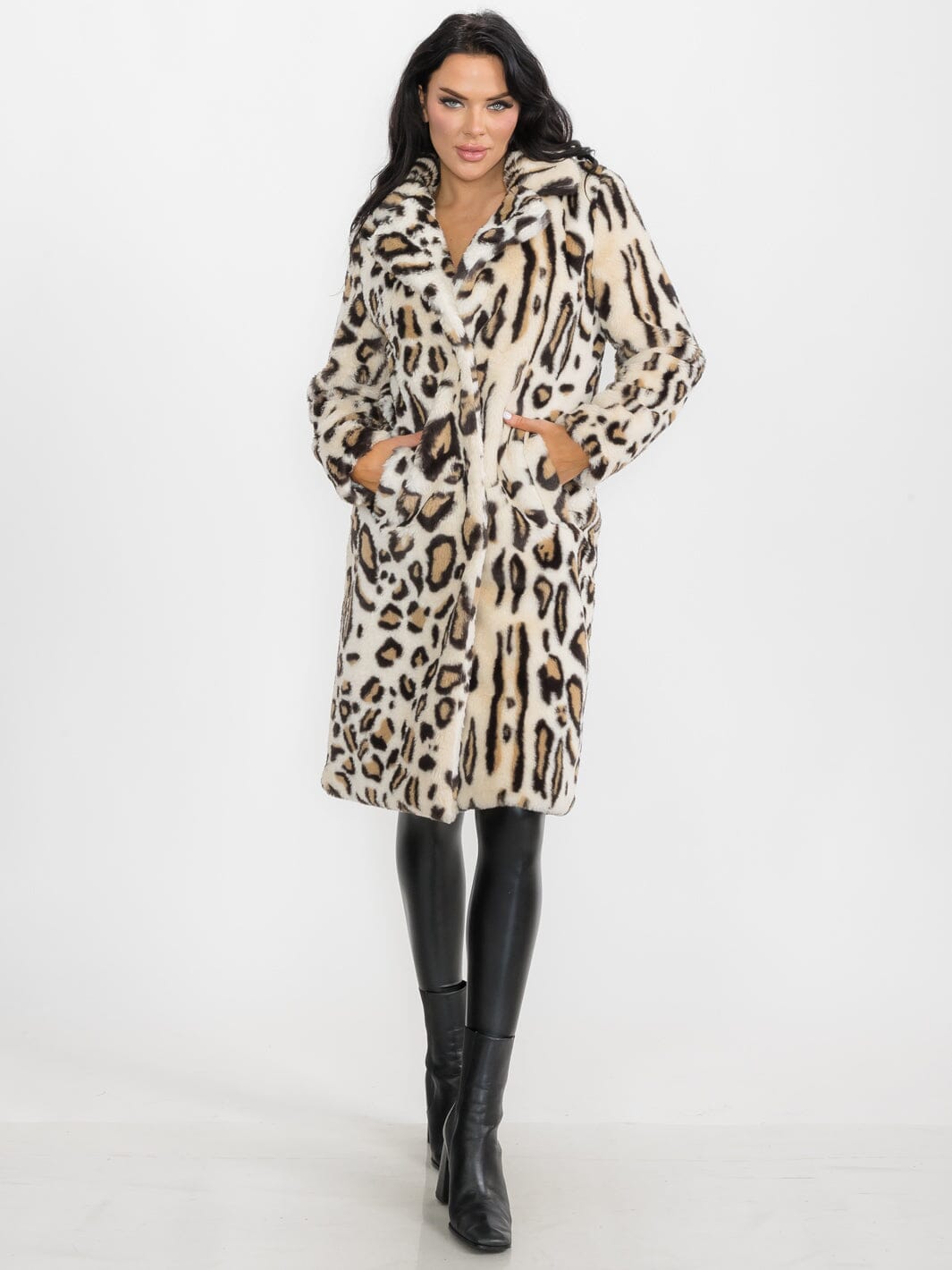 WOMEN'S LONG SLEEVE BUTTON CLOSURE FRONT POCKETS FAUX FUR LEOPARD PRINT COAT