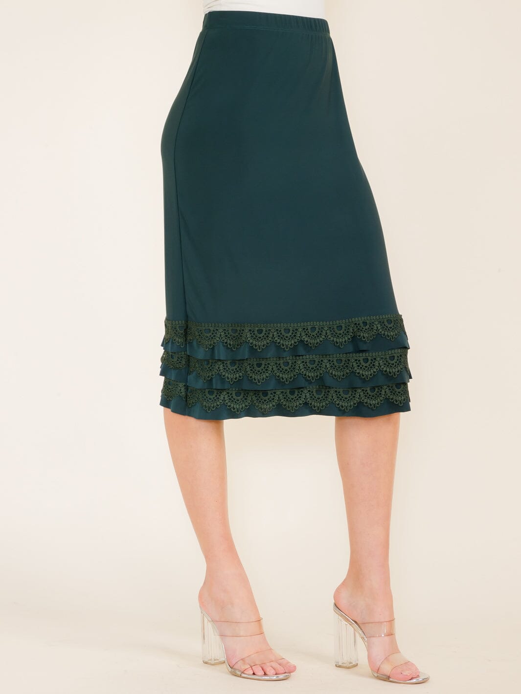 WOMEN'S ELASTIC WAIST CROCHET BOTTOM HEM MIDI SKIRT