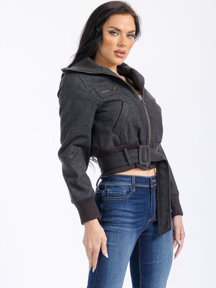 WOMEN'S LONG SLEEVE ZIPPER CLOSURE POCKETS BELTED JACKET