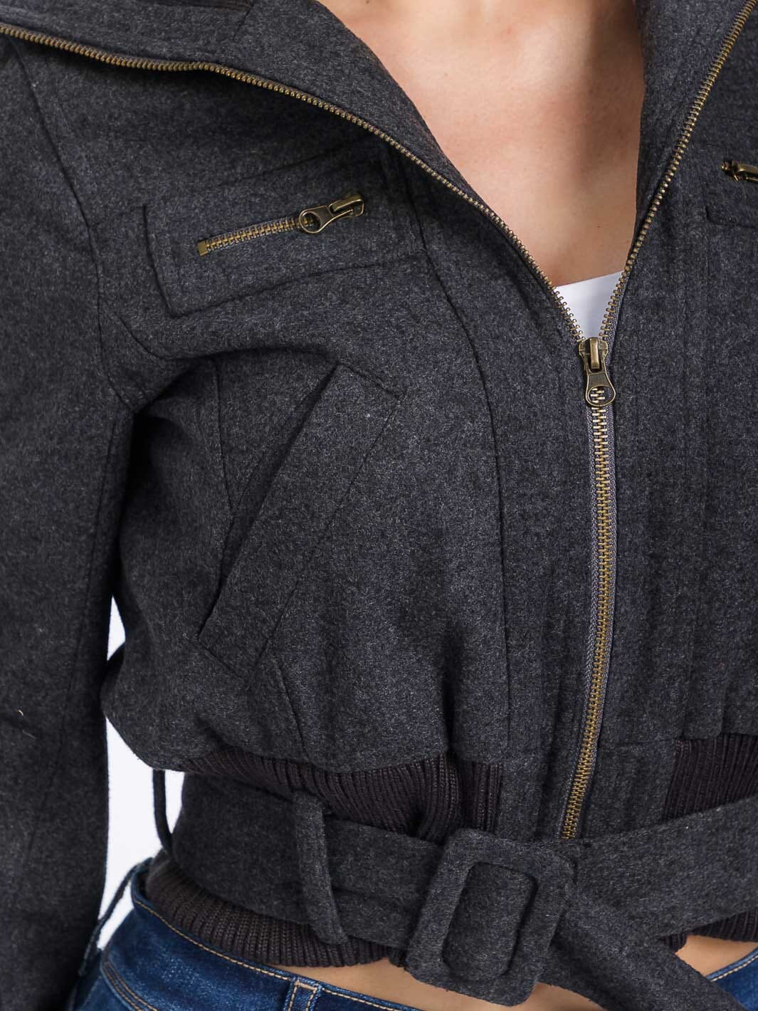 WOMEN'S LONG SLEEVE ZIPPER CLOSURE POCKETS BELTED JACKET