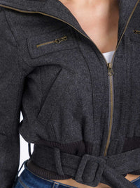 WOMEN'S LONG SLEEVE ZIPPER CLOSURE POCKETS BELTED JACKET