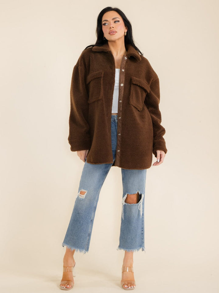 WOMEN'S LONG SLEEVE BUTTON CLOSURE FRONT POCKETS SHERPA JACKET