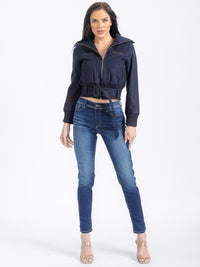 WOMEN'S LONG SLEEVE ZIPPER CLOSURE POCKETS BELTED JACKET