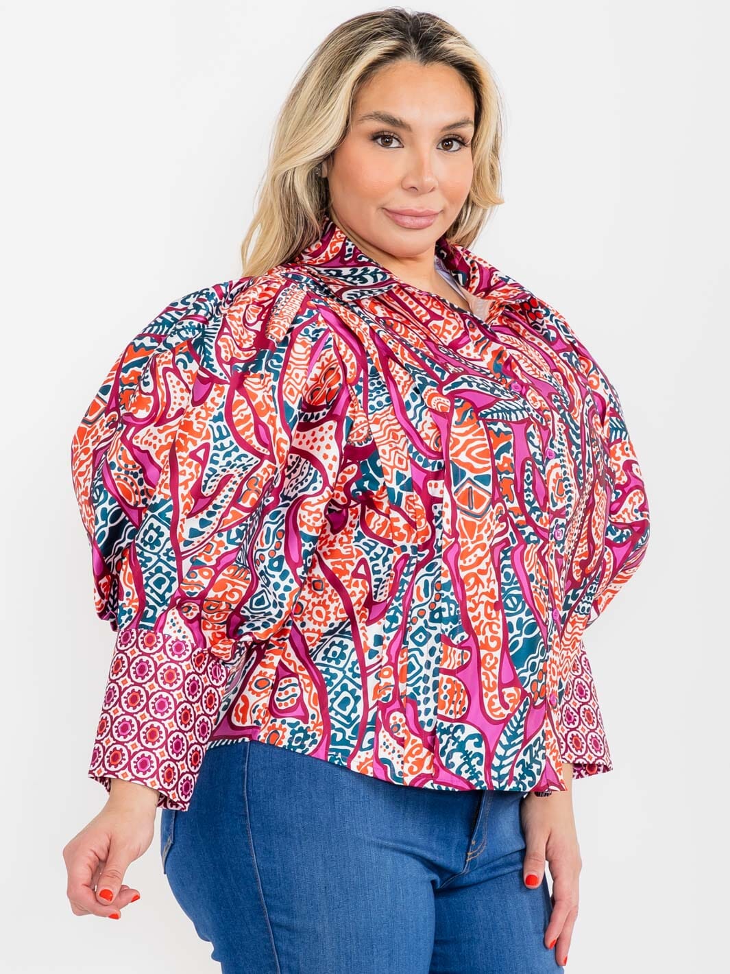 PLUS SIZE LONG PUFF SLEEVE BUTTON UP MULTI PRINT BLOUSE