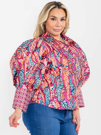 PLUS SIZE LONG PUFF SLEEVE BUTTON UP MULTI PRINT BLOUSE