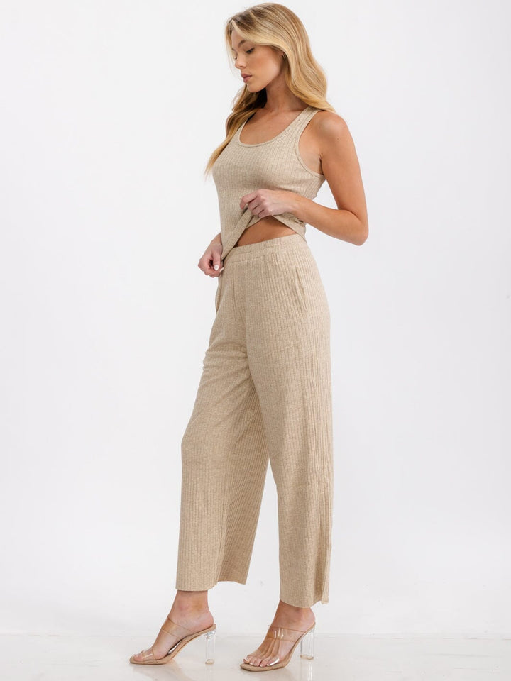WOMEN'S SLEEVELESS TANK TOP & ELASTIC WAIST PANTS RIBBED 2PC SET