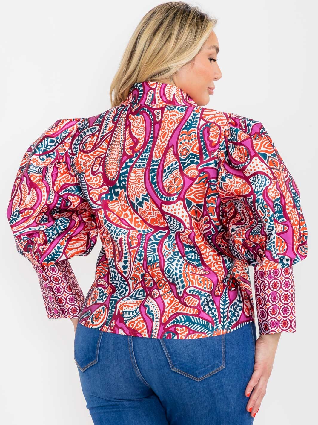 PLUS SIZE LONG PUFF SLEEVE BUTTON UP MULTI PRINT BLOUSE