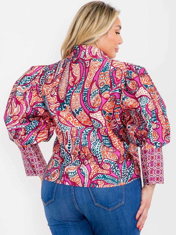 PLUS SIZE LONG PUFF SLEEVE BUTTON UP MULTI PRINT BLOUSE