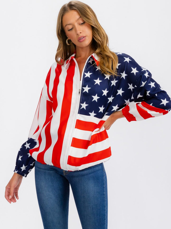 WOMEN'S LONG SLEEVE ZIP UP AMERICA FLAG PRINT LIGHTWEIGHT JACKET
