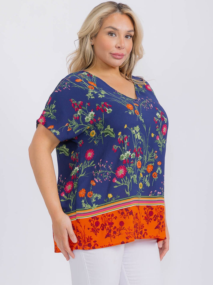 PLUS SIZE SHORT SLEEVE V-NECK FLORAL PRINT BLOUSE