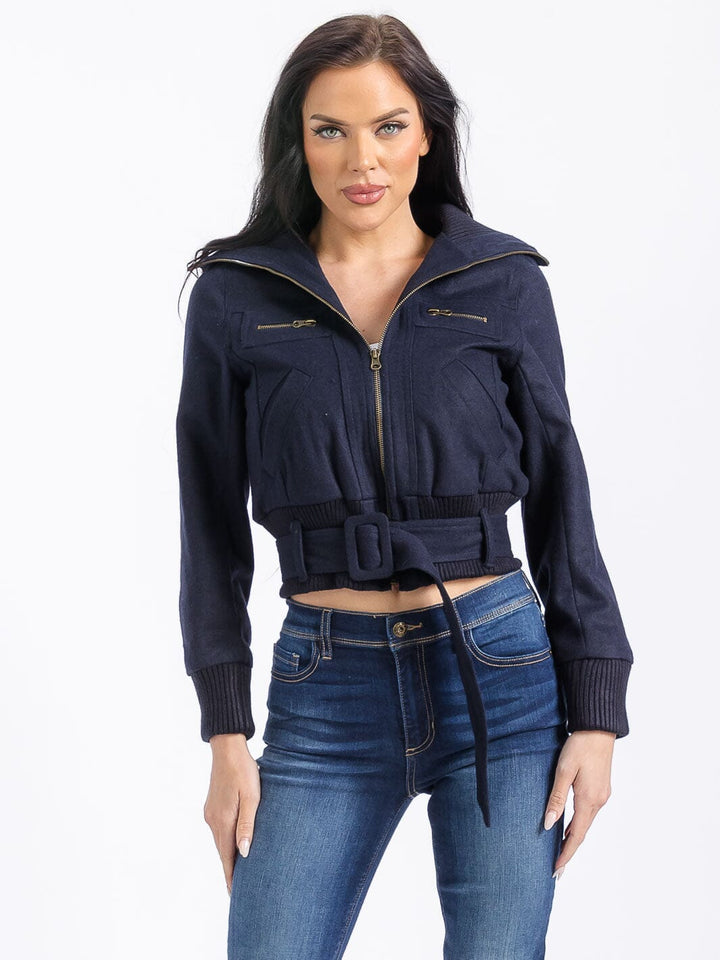 WOMEN'S LONG SLEEVE ZIPPER CLOSURE POCKETS BELTED JACKET