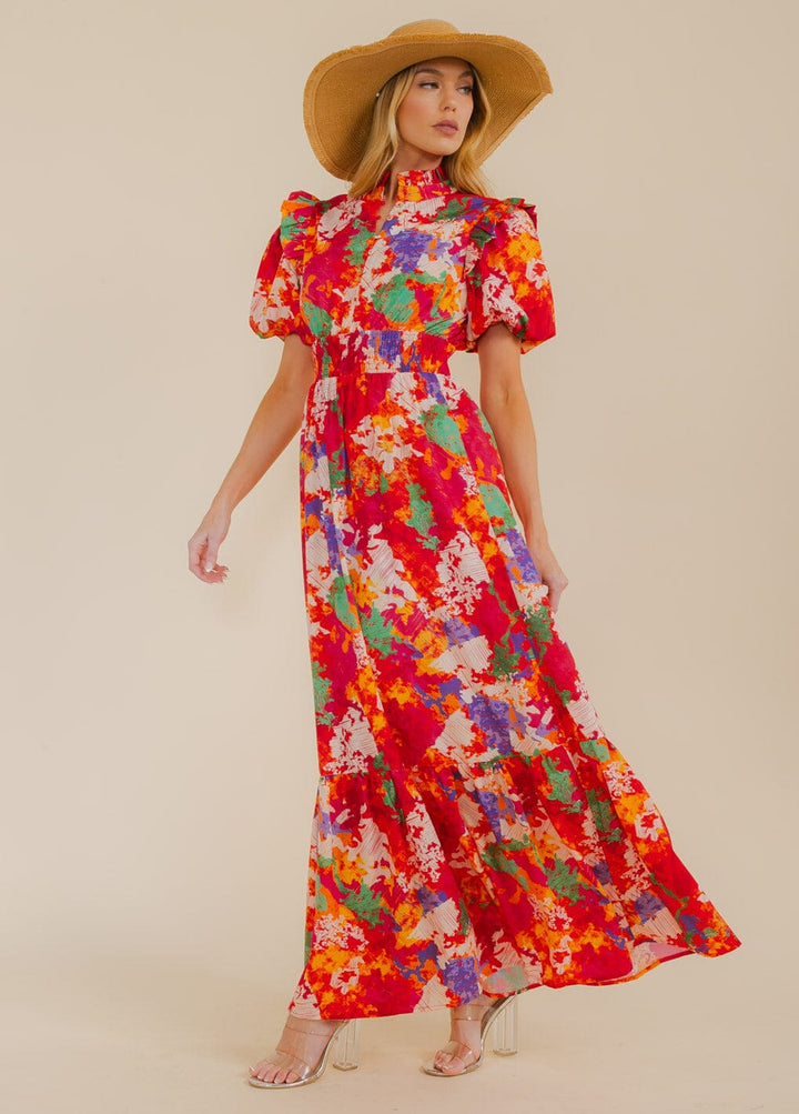 WOMEN'S SHORT SLEEVE MOCK NECK TIERED COLORBLOCK MAXI DRESS