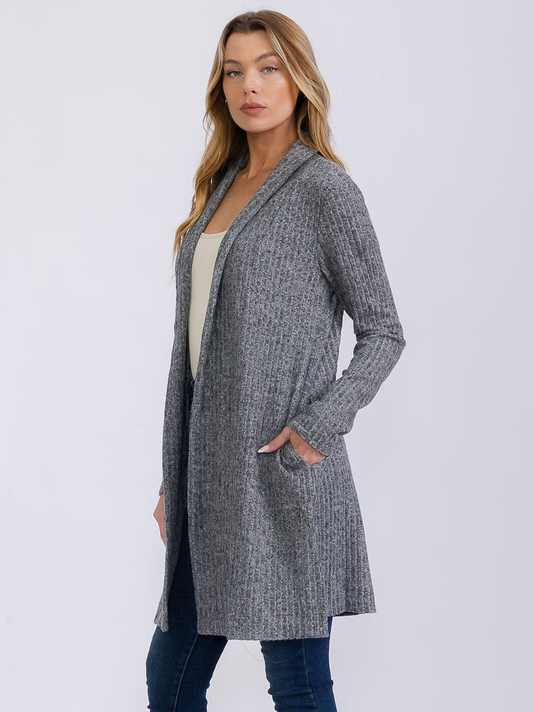WOMEN'S LONG SLEEVE FRONT POCKETS OPEN FRONT RIBBED CARDIGAN