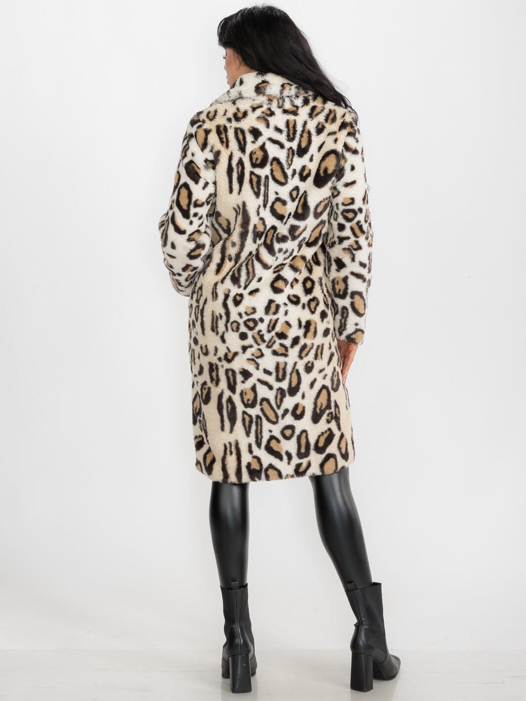 WOMEN'S LONG SLEEVE BUTTON CLOSURE FRONT POCKETS FAUX FUR LEOPARD PRINT COAT