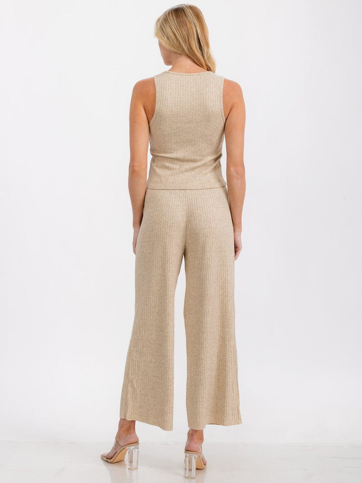 WOMEN'S SLEEVELESS TANK TOP & ELASTIC WAIST PANTS RIBBED 2PC SET