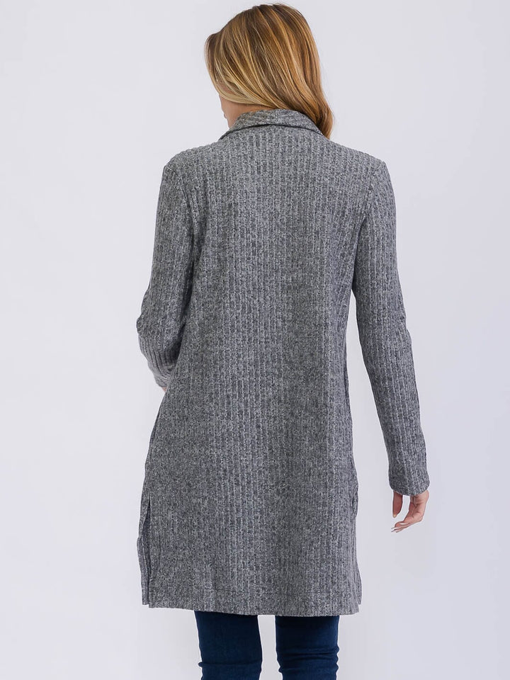 WOMEN'S LONG SLEEVE FRONT POCKETS OPEN FRONT RIBBED CARDIGAN