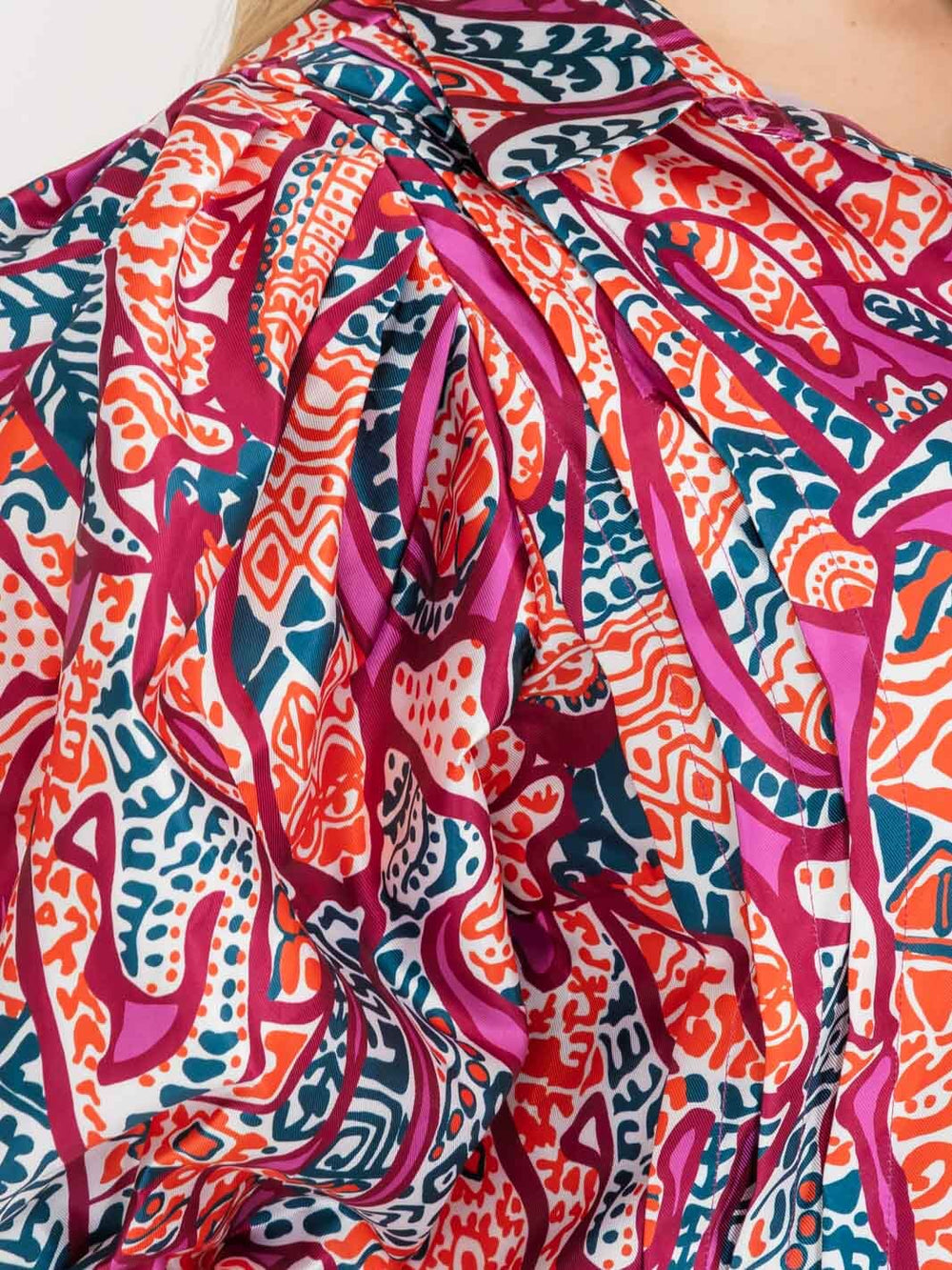 PLUS SIZE LONG PUFF SLEEVE BUTTON UP MULTI PRINT BLOUSE