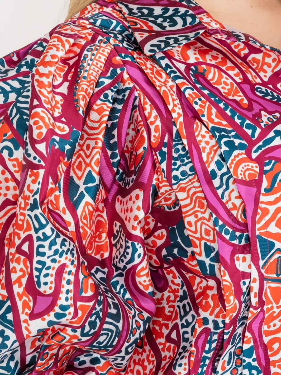 PLUS SIZE LONG PUFF SLEEVE BUTTON UP MULTI PRINT BLOUSE