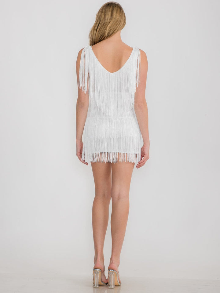 WOMEN'S SLEEVELESS V-NECK FRINGE SHIMMER MINI DRESS