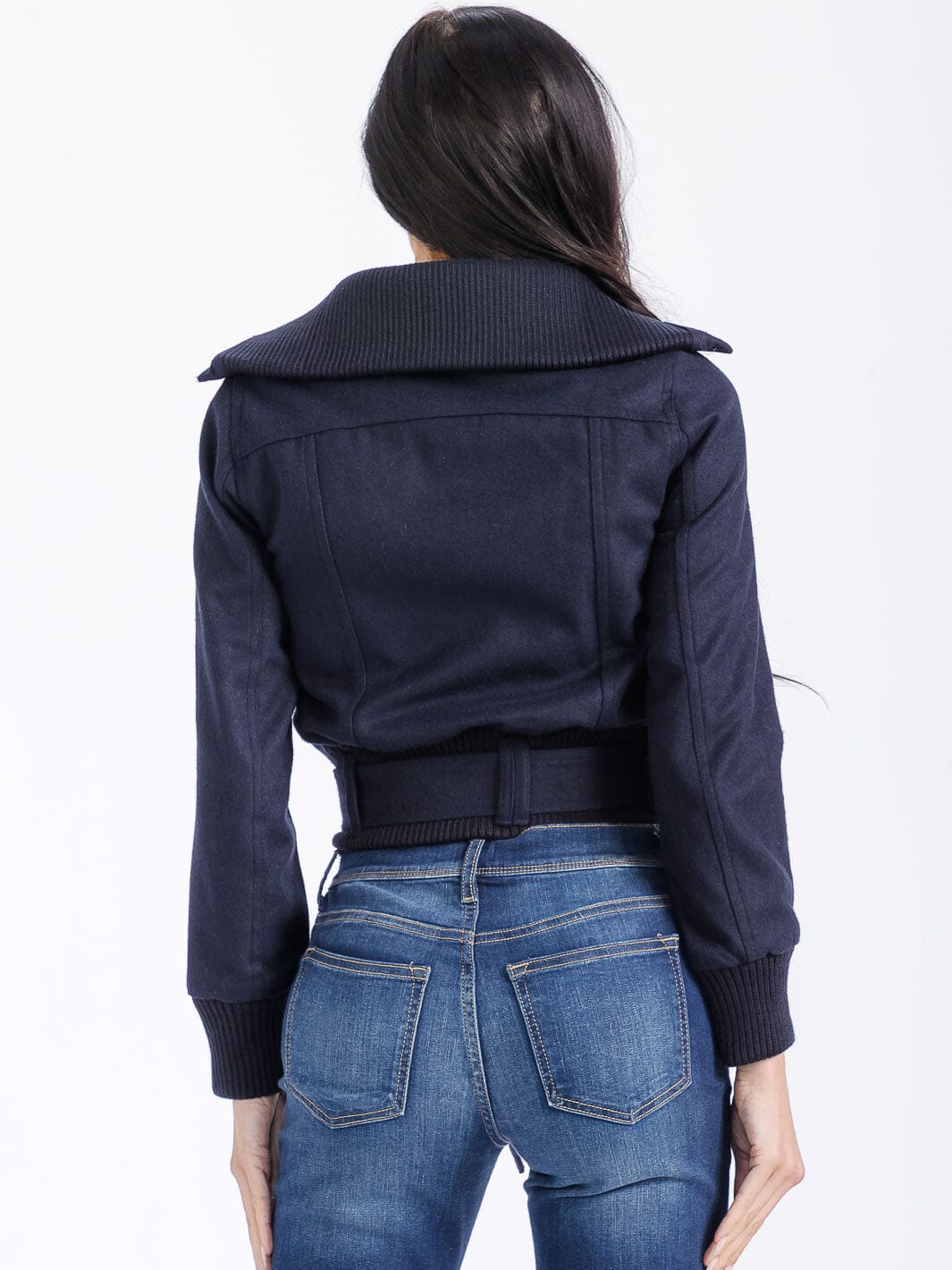 WOMEN'S LONG SLEEVE ZIPPER CLOSURE POCKETS BELTED JACKET