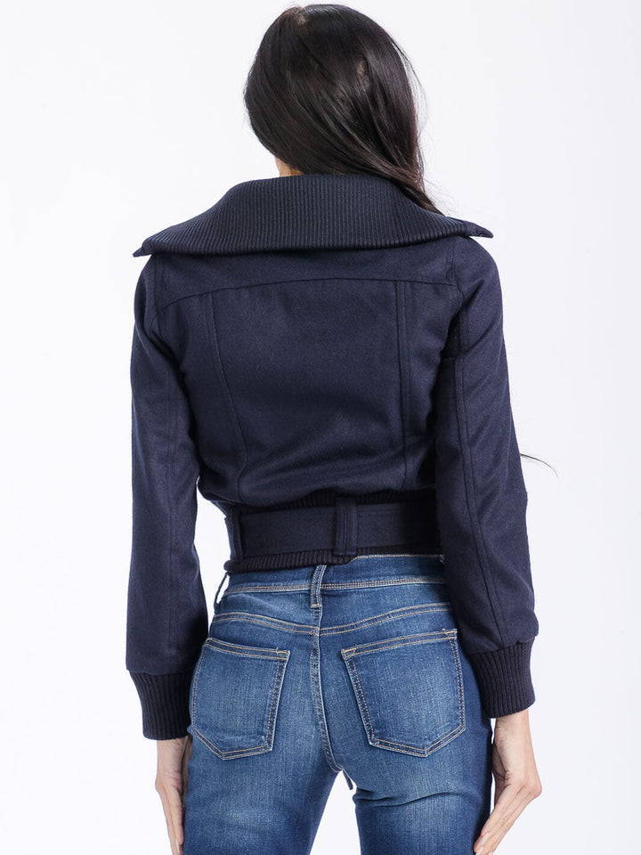 WOMEN'S LONG SLEEVE ZIPPER CLOSURE POCKETS BELTED JACKET