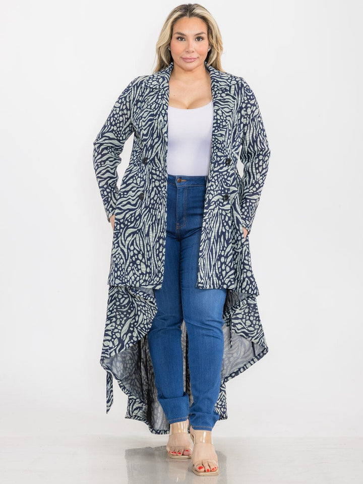 PLUS SIZE LONG SLEEVE BUTTON CLOSURE POCKETS PRINTED HIGH-LOW COAT