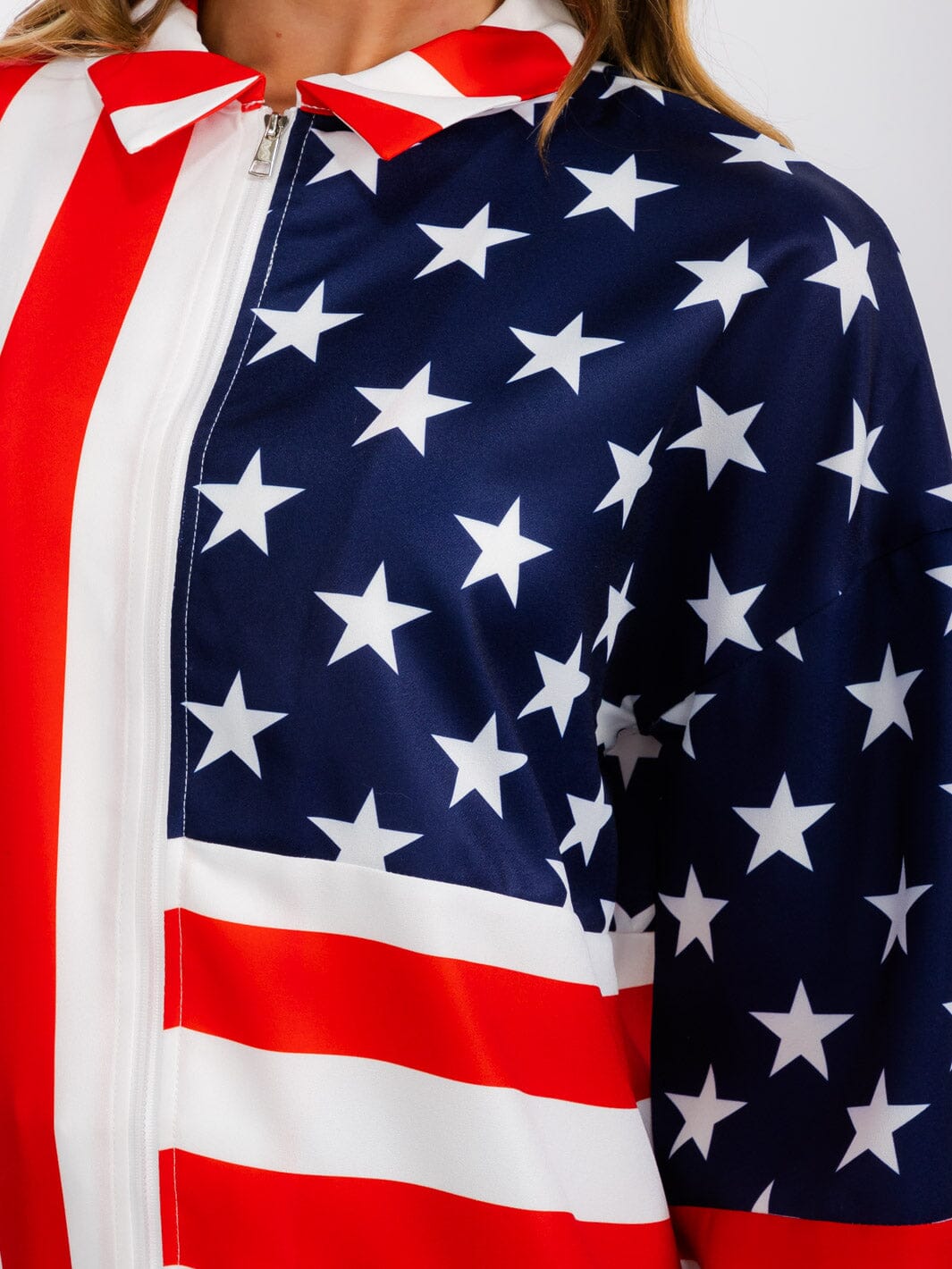 WOMEN'S LONG SLEEVE ZIP UP AMERICA FLAG PRINT LIGHTWEIGHT JACKET