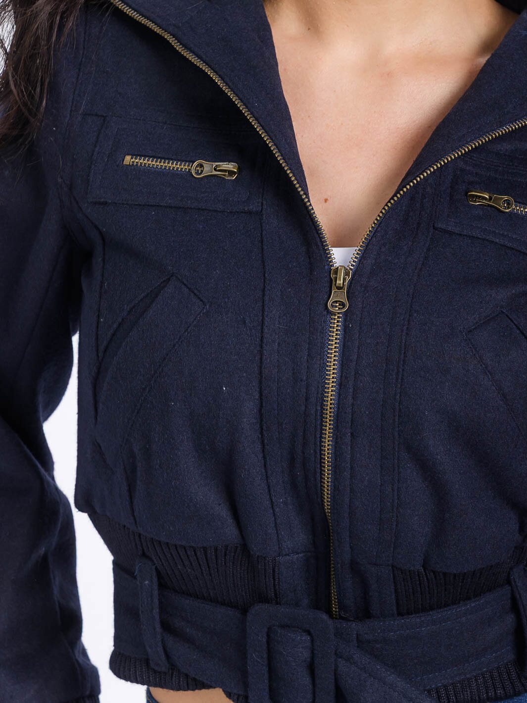 WOMEN'S LONG SLEEVE ZIPPER CLOSURE POCKETS BELTED JACKET