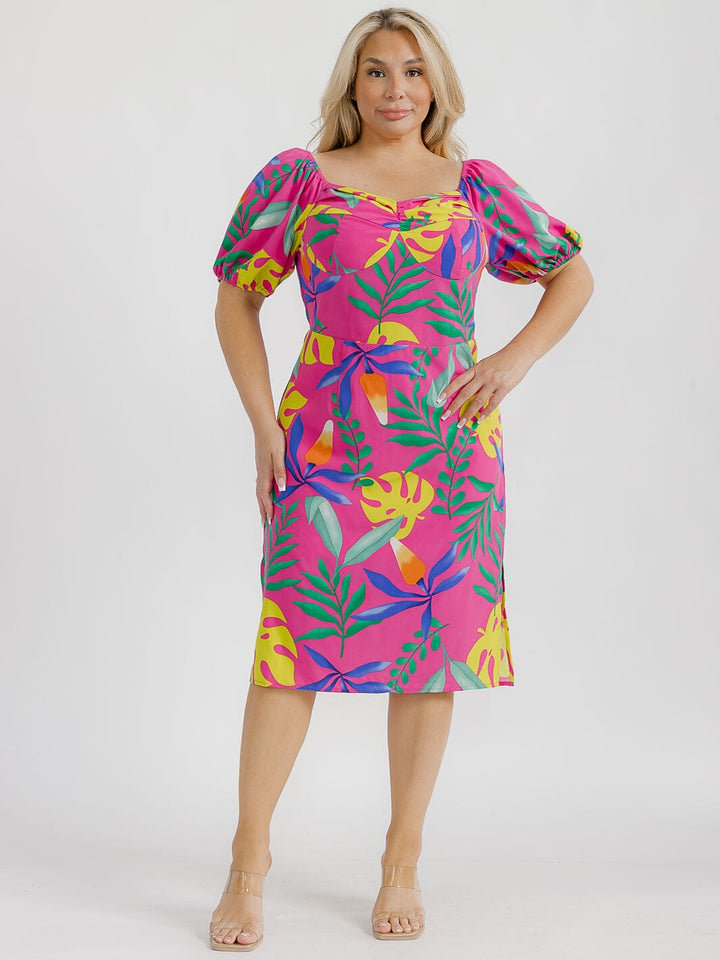 PLUS SIZE SHORT PUFF SLEEVE BACK RUCHED FLORAL MIDI DRESS