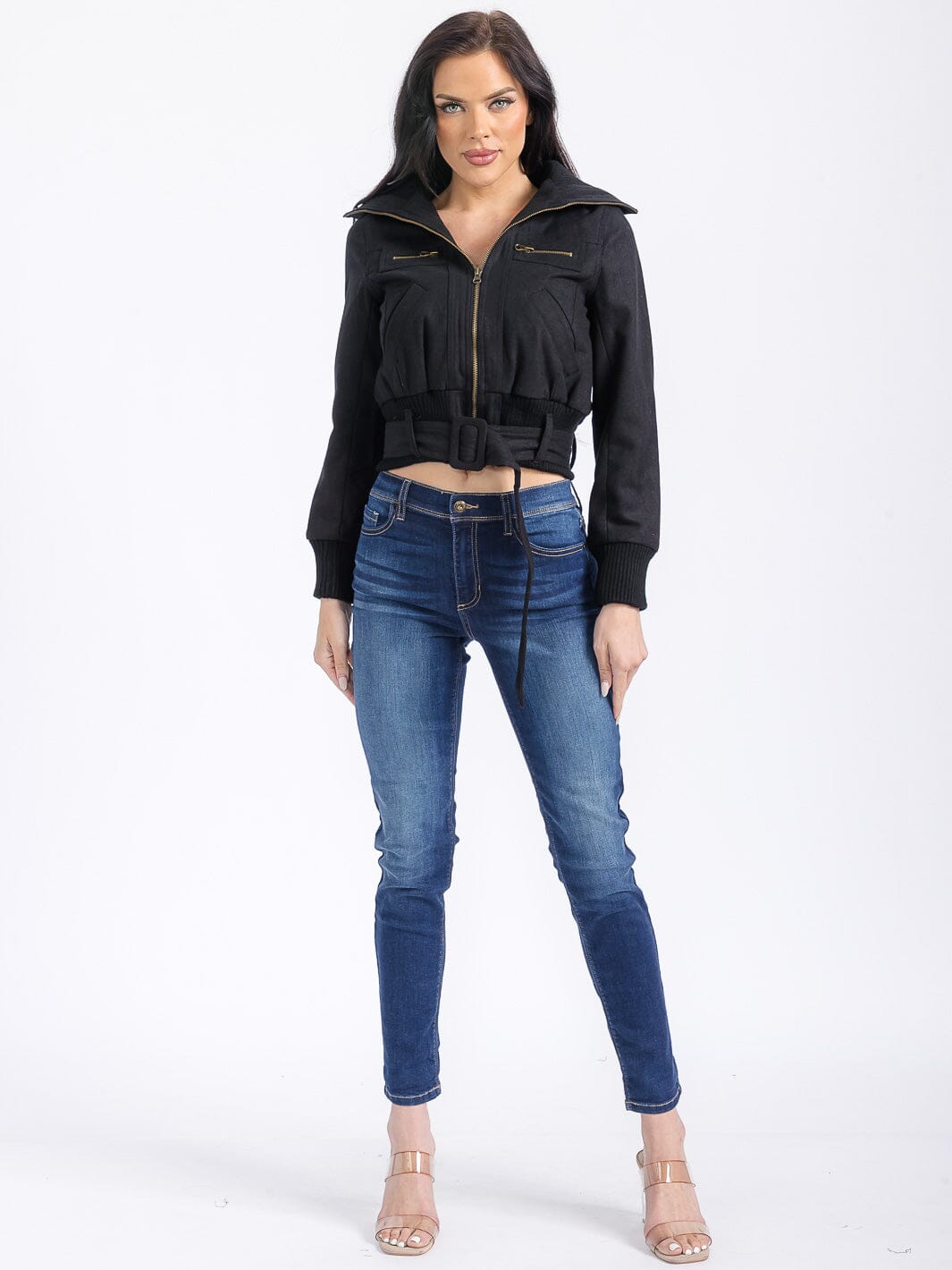 WOMEN'S LONG SLEEVE ZIPPER CLOSURE POCKETS BELTED JACKET