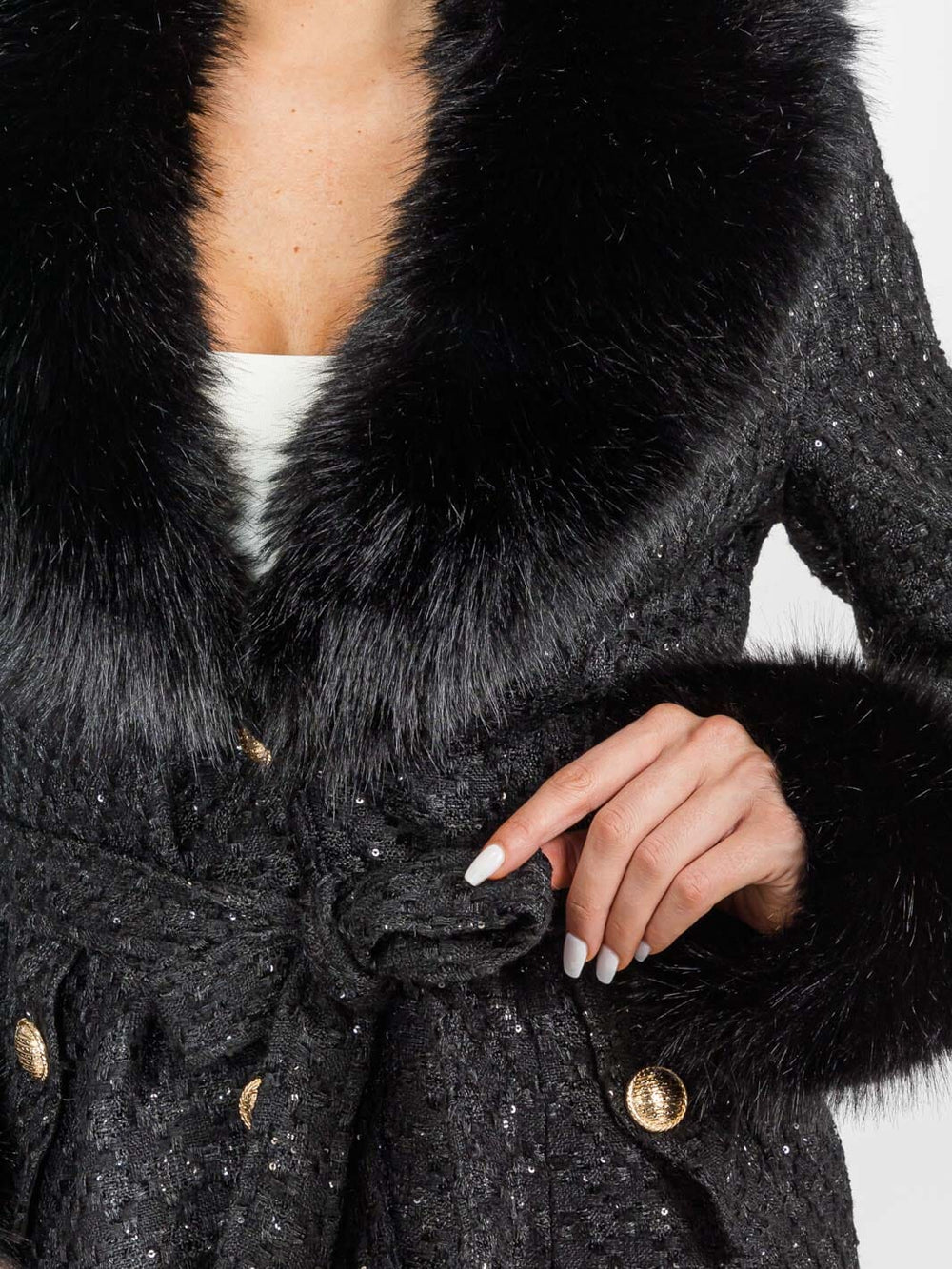 WOMEN'S LONG SLEEVE BUTTON CLOSURE FRONT POCKETS REMOVABLE COLLAR TWEED SEQUINS COAT