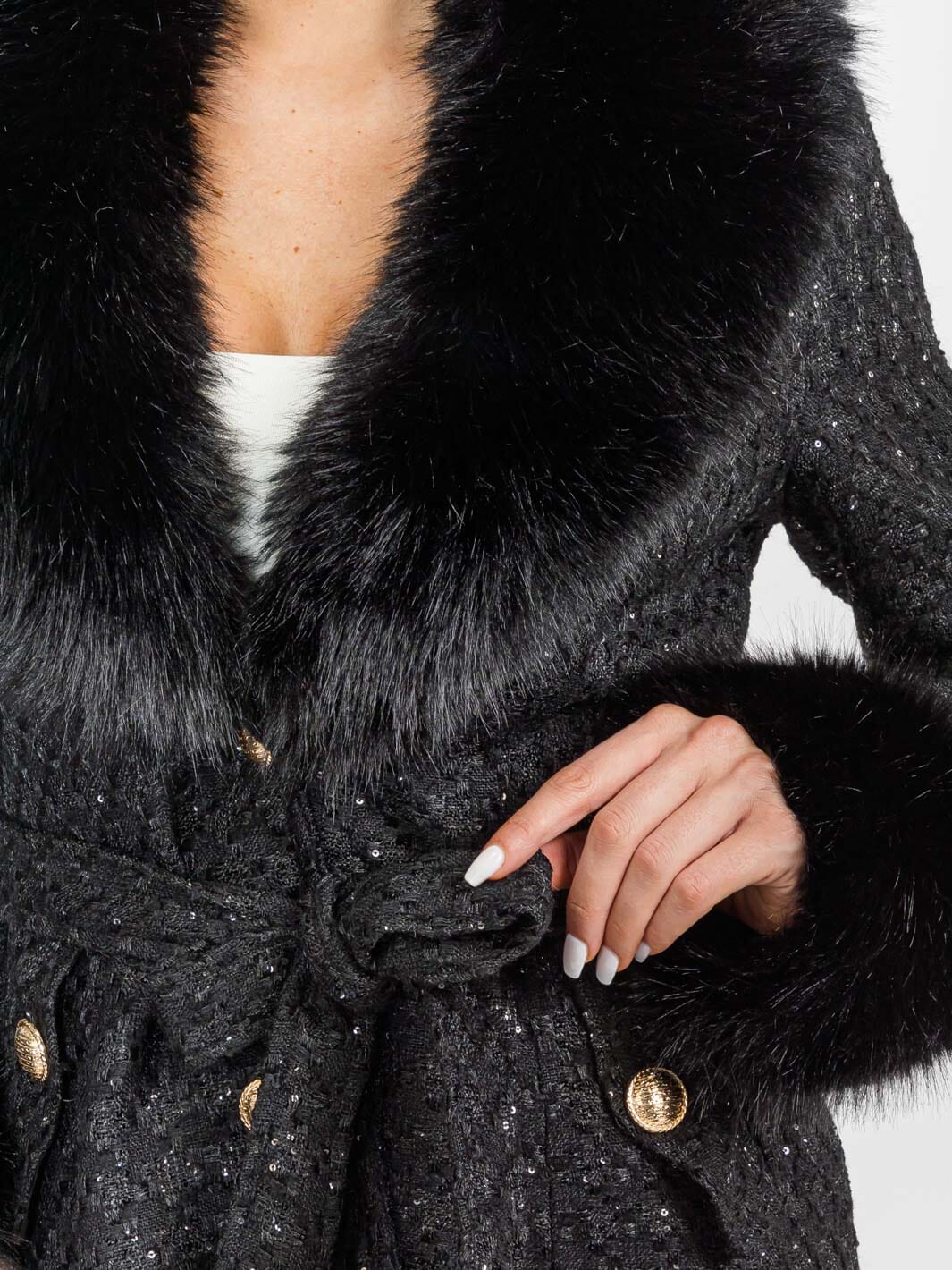 WOMEN'S LONG SLEEVE BUTTON CLOSURE FRONT POCKETS REMOVABLE COLLAR TWEED SEQUINS COAT