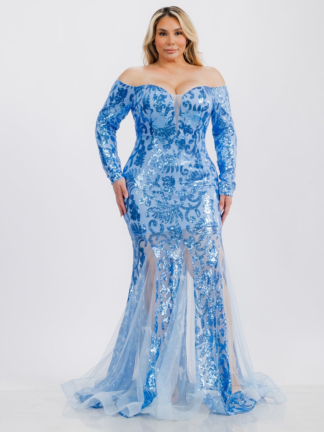 PLUS SIZE LONG SLEEVE V-NECK BODYCON SEQUINS MAXI GOWN DRESS