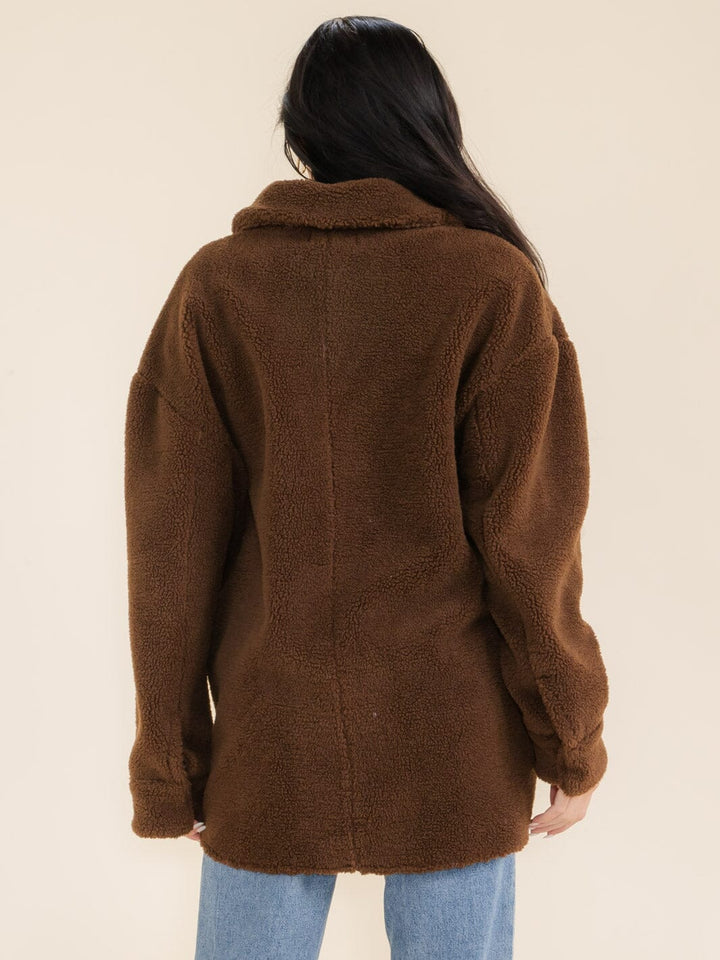 WOMEN'S LONG SLEEVE BUTTON CLOSURE FRONT POCKETS SHERPA JACKET